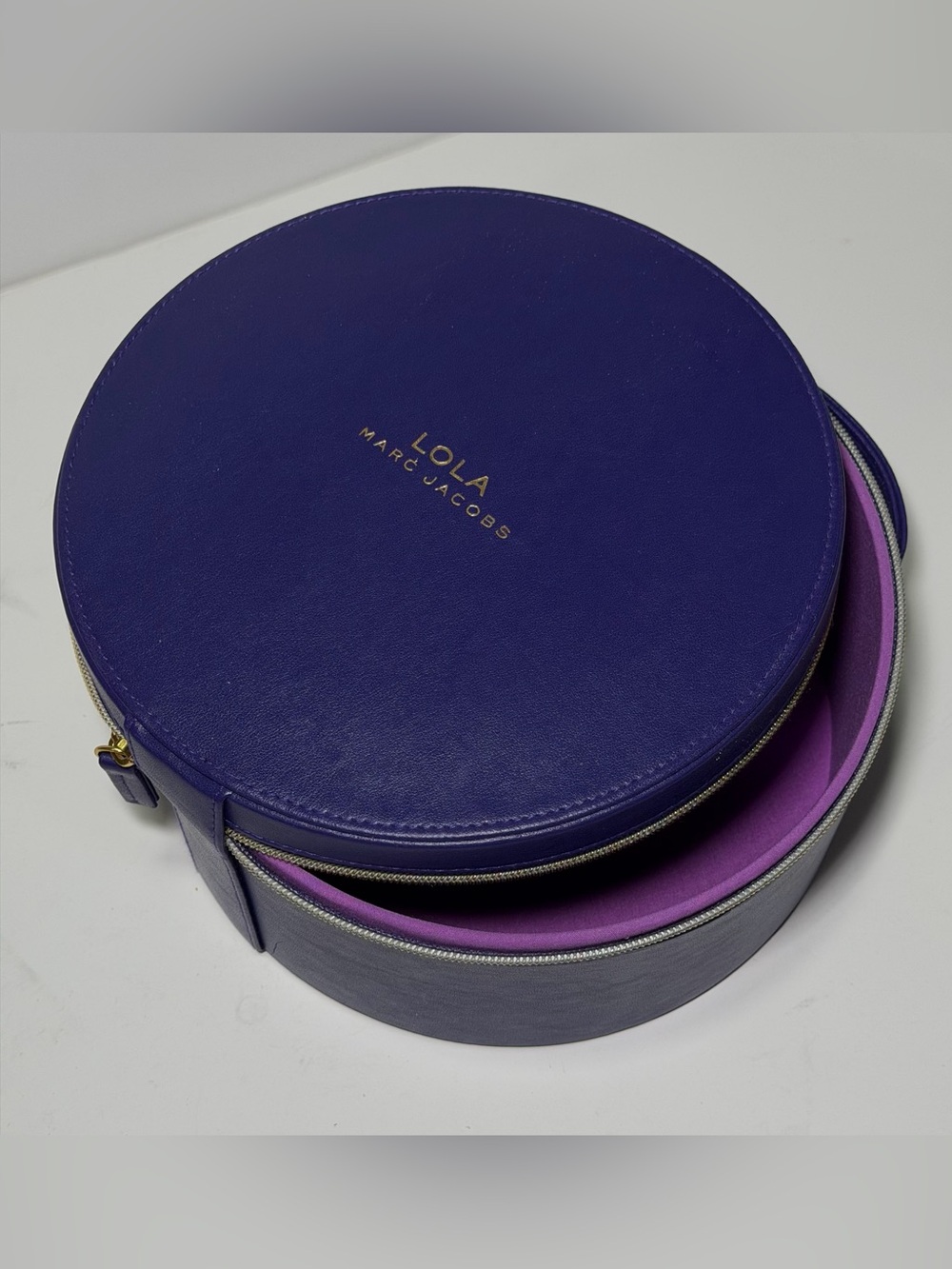 Marc Jacobs "Lola" Round Purple Leather Vanity Box - 8.5” x 4.5”
